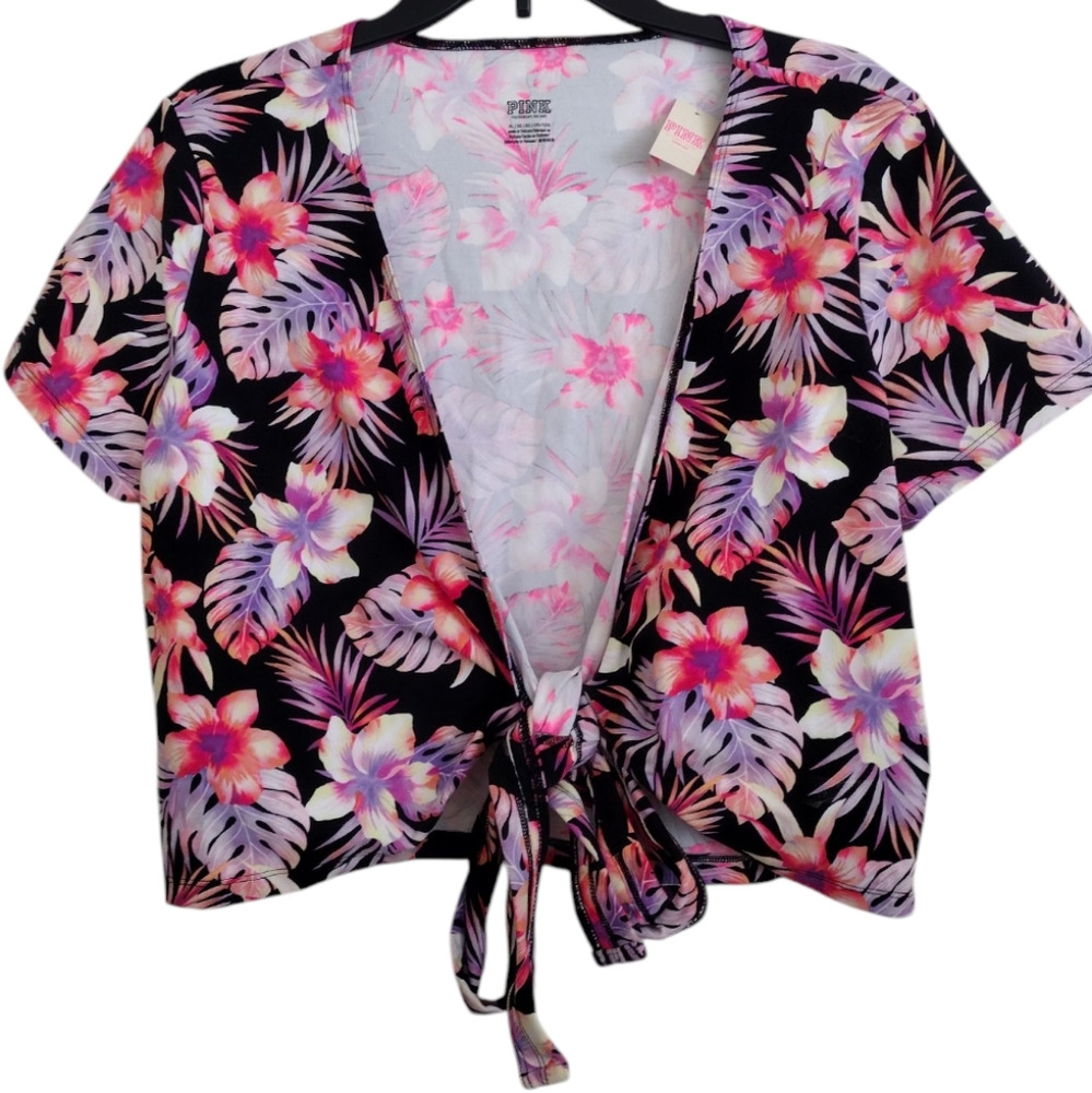 Pink Victoria's Secret Tropical Floral Wrap Top With Tie Size XL